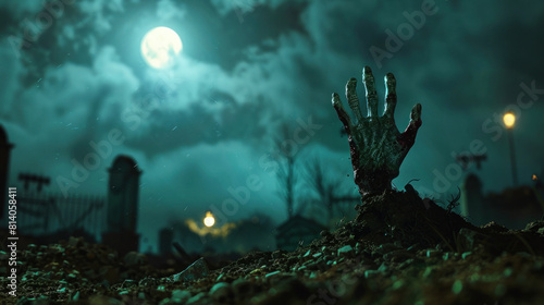 A zombie's hand rises from the soil of a graveyard under the eerie moonlight.