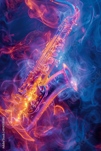 Abstract portrayal of a jazz saxophone solo, spirals and swirls in smoky colors dancing together,