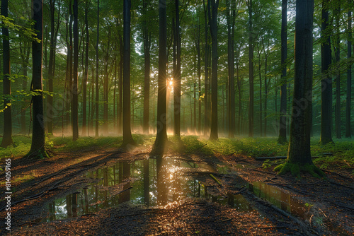 A serene forest clearing at dawn, with sunlight filtering through the trees and casting long shadows on the dewy forest floor. Birds chirp in the distance, 