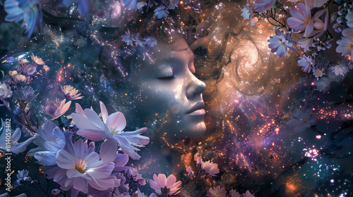 Celestial beings amidst ethereal blooms and cosmic shimmer