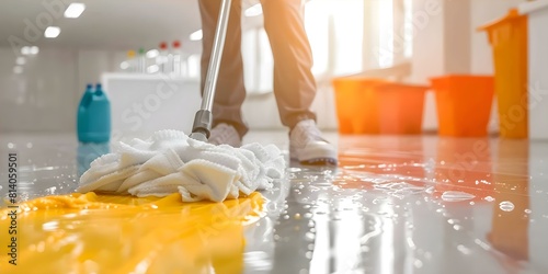 Closeup of janitor mopping office floor with cleaning supplies. Concept Office Cleaning, Mopping Floors, Janitorial Services, Cleaning Supplies, Close-up Details