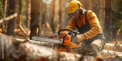 Worker using chainsaw to cut down trees in a deforested forest. Concept Deforestation Effects, Environmental Destruction, Lumber Industry Practices, Forest Conservation Efforts