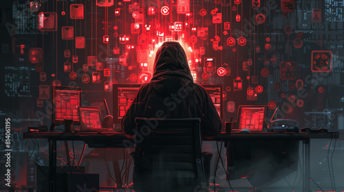 realm of cybersecurity as a hacker ominously conveys the message of danger and scams lurking in the world