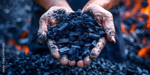 Person holds biochar pellets a charcoal fuel made from organic woody material. Concept Environment, Sustainability, Biochar, Green Energy, Organic Fuel