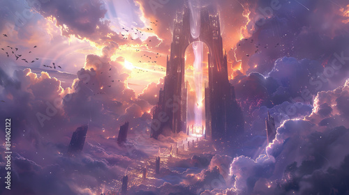 Magnificent gates glimmering amidst celestial clouds, beckoning souls to a heavenly realm.