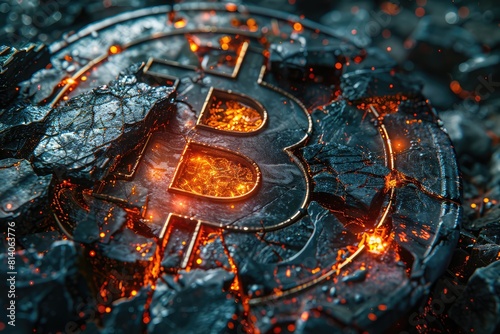 Shattered Bitcoin Symbol: Futuristic Artistic Rendering of Crypto Collapse Through Fragmentation