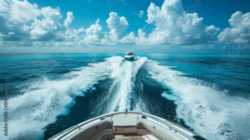 Speedboat zipping along the water with a stunning view of the ocean.