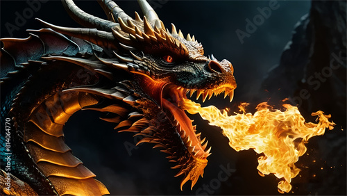 Aggrasive dragon spitting fire in front of somthing