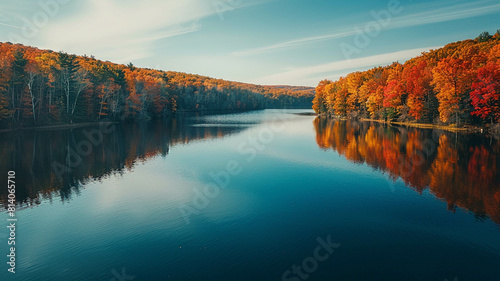 the solitude of autumn, reflecting the vibrant hues of fall foliage on a calm lake