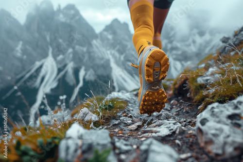 An athlete dashes along a mountain trail, surrounded by stunning scenery, epitomizing adventure and endurance