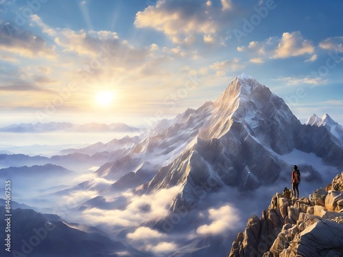 a man stands on a mountain with the sun behind him