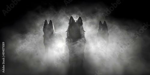 Fearful phobia of a dog pack in fog black and white. Concept Phobia, Fear, Dogs, Fog, Black and White