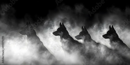 Phobia of a pack of dogs in a foggy black and white setting. Concept Phobia, Dogs, Pack, Fog, Black and White