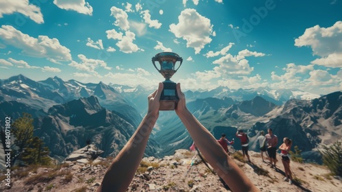 Celebratory Summit: Triumph with Trophy on Mountain Peak