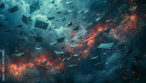A storm of paper planes is caught in a fiery explosion. The planes are flying in all directions. The background is a dark, stormy sky.