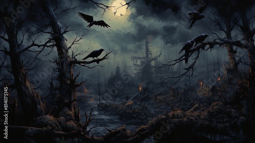 Illustration of many crows sitting on a tree branch in a dark forest, Halloween background with crows and full moon.