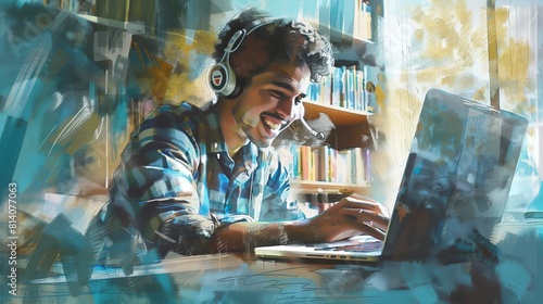 Realistic portrait of a Latin student happily engaged in hybrid learning with laptop and tablet at home water color vivid