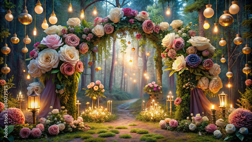 A whimsical showcase setup featuring oversized flowers, fairy-tale lighting, and a backdrop of magical forests