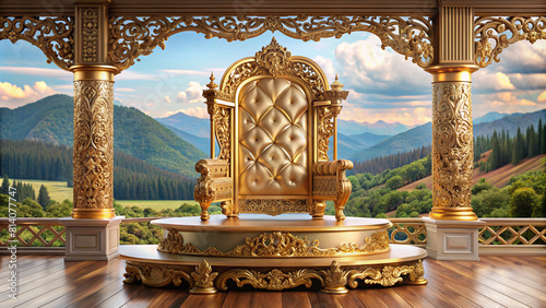 A lavish podium design with intricate carvings, opulent gold trimmings, and a backdrop of scenic landscapes