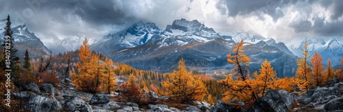 A panoramic view of the Canadian rocky mountains, with larch trees in autumn colors and snowcapped peaks under stormy skies. The scene is captured from an elevated perspective using 