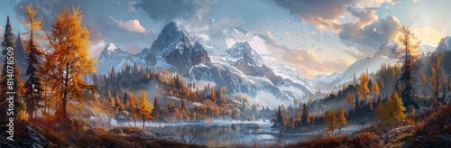 A panoramic view of the Mountains in fall with larch trees, dramatic clouds and snow on top of the mountains, highly detailed, high resolution
