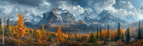 A panoramic view of the Canadian rocky mountains, with larch trees in autumn colors and snowcapped peaks 