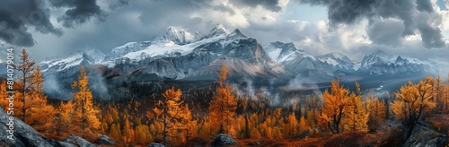 A panoramic view of the Canadian rocky mountains, with larch trees in autumn colors and snowcapped peaks under 