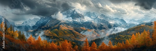 A panoramic view of the Rocky Mountains, showing larch trees in autumn colors with snow on top and dark storm clouds overhead. The mountains rise majestically against the backdrop of nature's