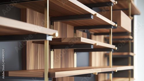 customizable modular shelving system, featuring interchangeable components and adjustable configurations to accommodate various storage needs and design preferences.