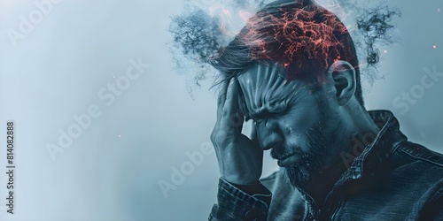 Symbolizing headache illness or stress: Person holding head in pain. Concept headache, stress, illness, discomfort, pain