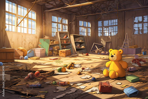 Illustration of an empty factory with toys scattered around, signifying the end of child labor and a return to childhood, Generative AI,