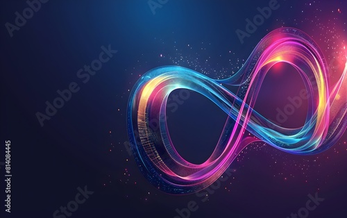 Abstract glowing neon lines in the shape of an infinity sign on a dark background, with illuminated colorful curves and circles 