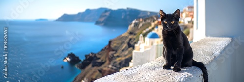 A black cat sitting on white wall in Oia with sea behind - closeup with selective focus, Stray cats in Santorini, Greece realistic nature and landscape