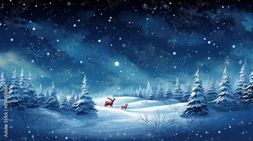 Beautiful winter scenery and santa claus on his sleigh on Christmas Night