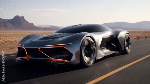  A concept car, designed with futuristic features, is seen cruising down a dusty desert road under the scorching sun. 