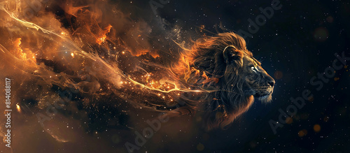 A beautiful lion with glowing eyes seem to dance with flames on fire, the king animal burn art with space concept