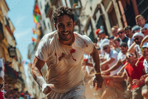 Unidentified men run from bulls in street during San Fermin festival in Pamplona, Spain