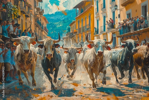 Unidentified men run from bulls in street during San Fermin festival in Pamplona, Spain