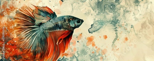 Colorful betta fish with abstract watercolor splashes