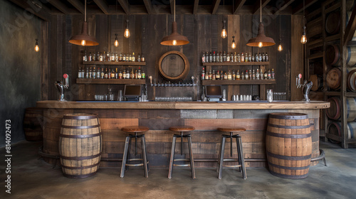 Rustic Wooden Bar Interior with Vintage Lighting and Barrel Decor