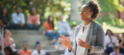 An African American woman presenting to a diverse audience in a lecture hall