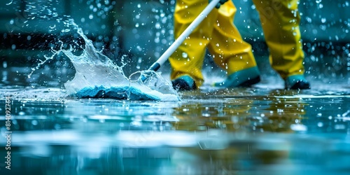 Cleaning the flooded floor: Janitor in yellow suit using mop with water splashing. Concept Cleaning, Flooded Floor, Janitor, Yellow Suit, Mop, Water Splashing