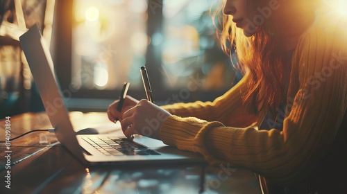 close up of woman writing on notebook with pen while using laptop computer for work at wooden table, light flare background 