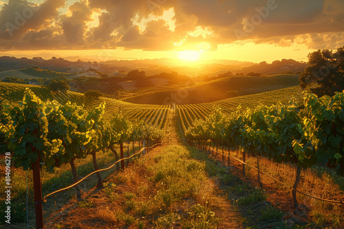 A picturesque vineyard with rows of lush grapevines stretching across rolling hills, basking in the golden glow of the setting sun. Concept of rustic beauty and viticulture. Generative Ai.