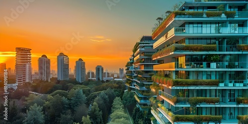 Contemporary green buildings with hightech facade glowing in sunset ne. Concept Architecture, Modern Design, Sustainable Technology, Sunset, Green Buildings