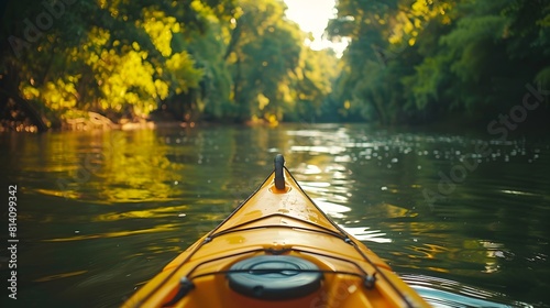 Kayak navigating through lush greenery on a serene river during a summer adventure