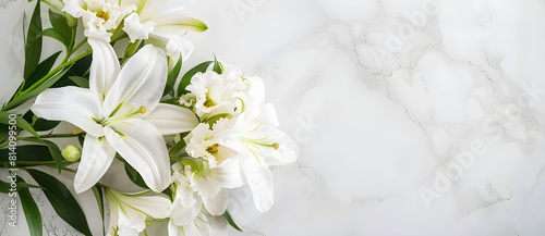 Beautiful white lilies at a cemetery, symbolizing remembrance and condolence. A serene and traditional bouquet for funeral and mourning concepts.