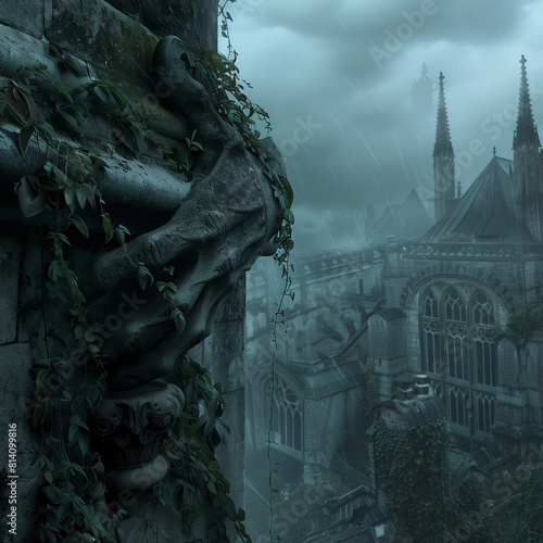 picture of a gargoyle hand gripping a wall, overgrown by vines, with a castle in the background, sky filled with heavy grey clouds, square 1:1