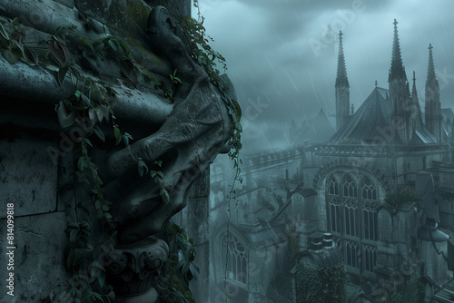 picture of a gargoyle hand gripping a wall, overgrown by vines, with a castle in the background, sky filled with heavy grey clouds, for monitors 3:2