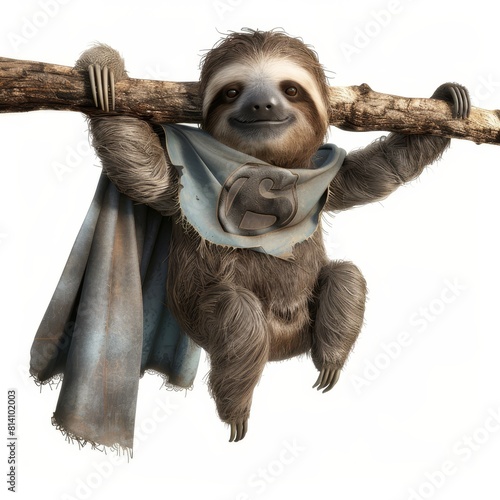 Cute animated sloth character hanging from a tree branch with a cape
